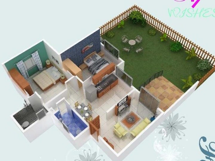 Floor plan of 2 BHK 1154 Sq. Ft. Apartment in Six Wishes, Pune