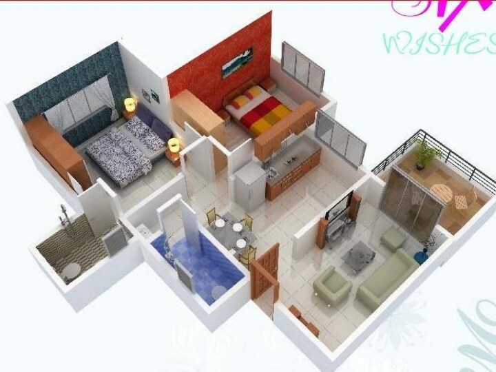 Floor plan of 2 BHK 1184 Sq. Ft. Apartment in Six Wishes, Pune