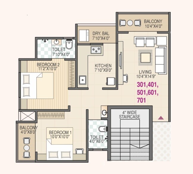 Floor plan of 2 BHK 666 Sq. Ft. Apartment in SJ Royal Residency, Pune