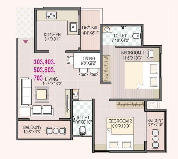Floor plan of 2 BHK 792 Sq. Ft. Apartment in SJ Royal Residency, Pune
