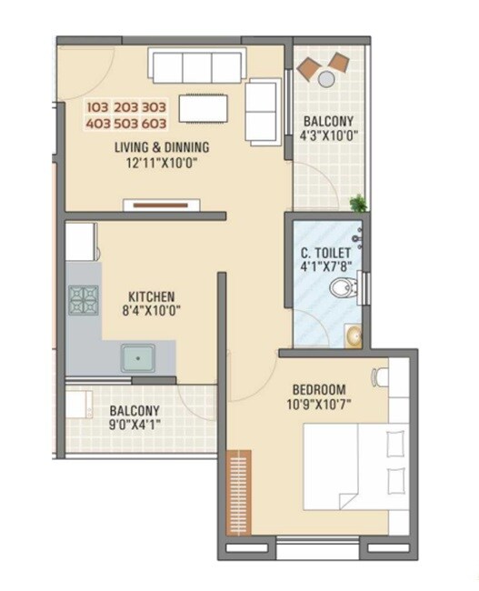 Floor plan of 1 BHK 490 Sq. Ft. Apartment in SK Primrose Park, Pune