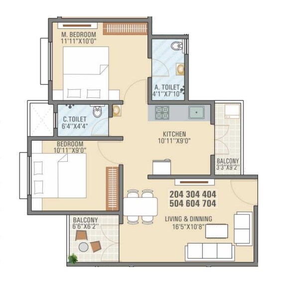 Floor plan of 2 BHK 659 Sq. Ft. Apartment in SK Primrose Park, Pune
