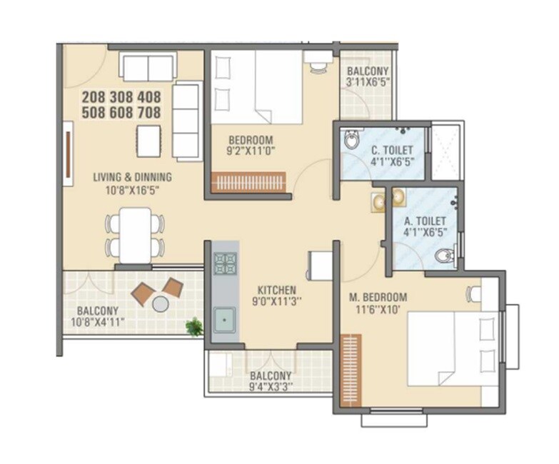 Floor plan of 2 BHK 720 Sq. Ft. Apartment in SK Primrose Park, Pune