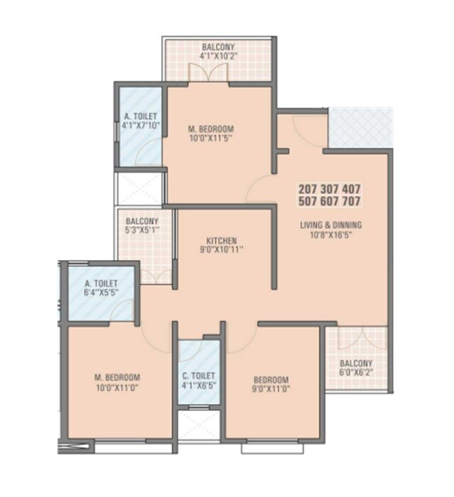 Floor plan of 3 BHK 886 Sq. Ft. Apartment in SK Primrose Park, Pune