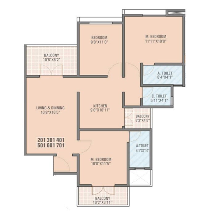 Floor plan of 3 BHK 927 Sq. Ft. Apartment in SK Primrose Park, Pune