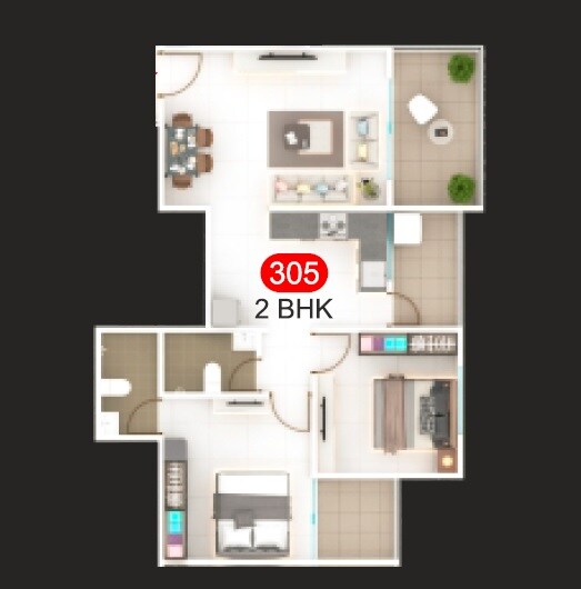 Floor plan of 2 BHK 791 Sq. Ft. Apartment in SK Shiny Gold, Pune
