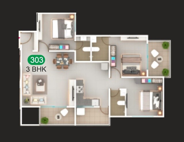 Floor plan of 3 BHK 1102 Sq. Ft. Apartment in SK Shiny Gold, Pune
