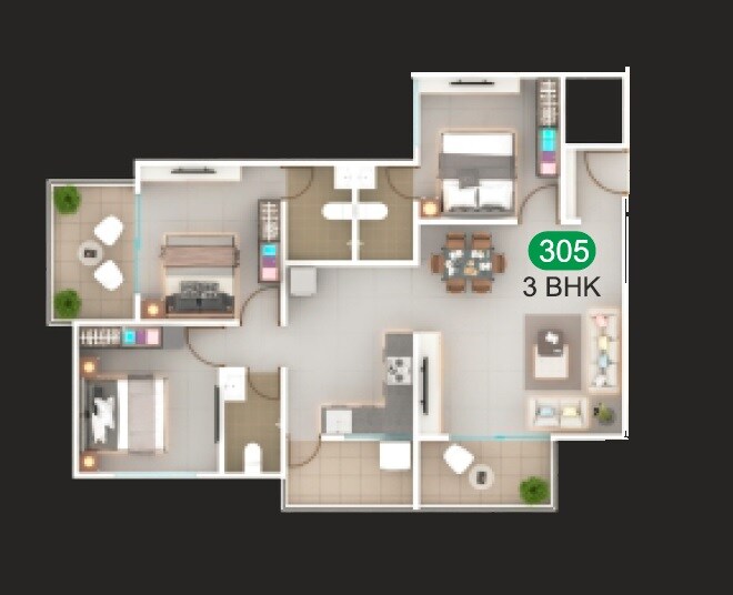 Floor plan of 3 BHK 970 Sq. Ft. Apartment in SK Shiny Gold, Pune