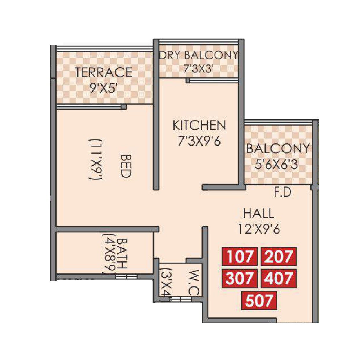 Floor plan of 1 BHK 374 Sq. Ft. Apartment in Sky Park, Pune