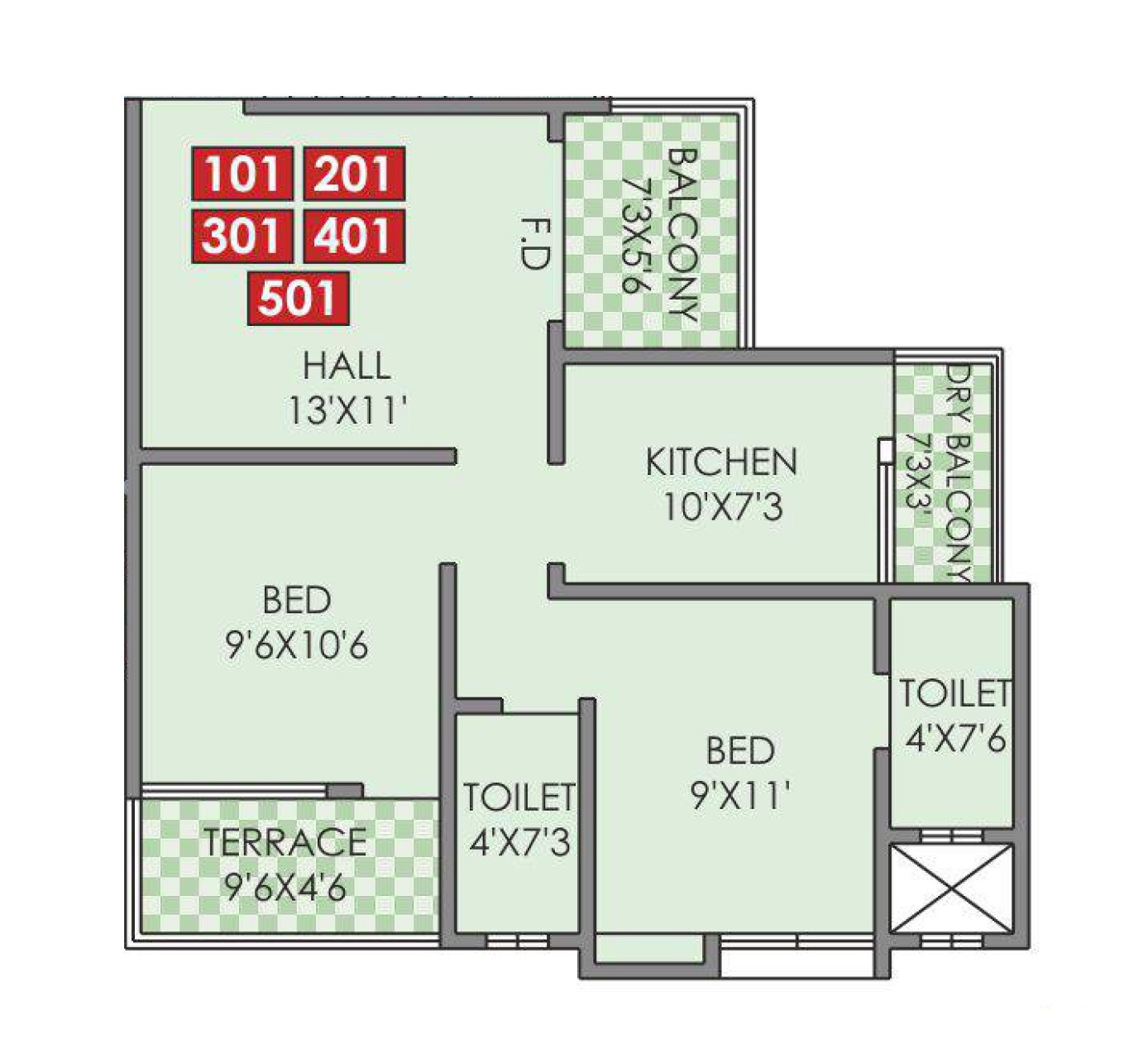 Floor plan of 2 BHK 548 Sq. Ft. Apartment in Sky Park, Pune