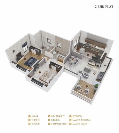 Floor plan of 2 BHK Apartment - 555 sq. ft. in Sky World Dreams, Pune