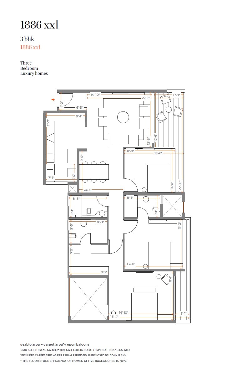 Floor plan of 3 BHK 1330 Sq. Ft. Apartment in Skyi 5 Racecourse, Pune