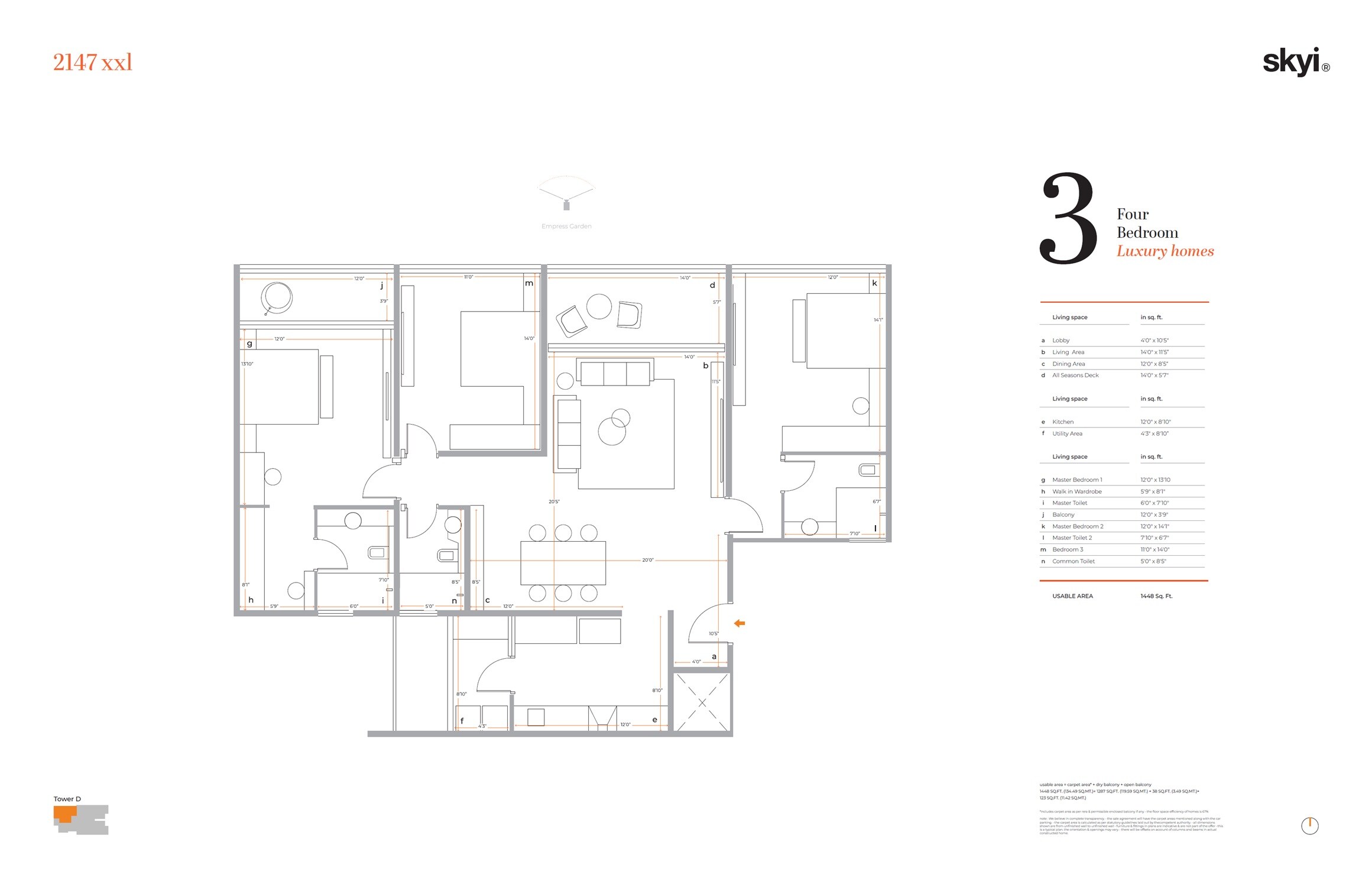 Floor plan of 3 BHK 1448 Sq. Ft. Apartment in Skyi 5 Racecourse, Pune