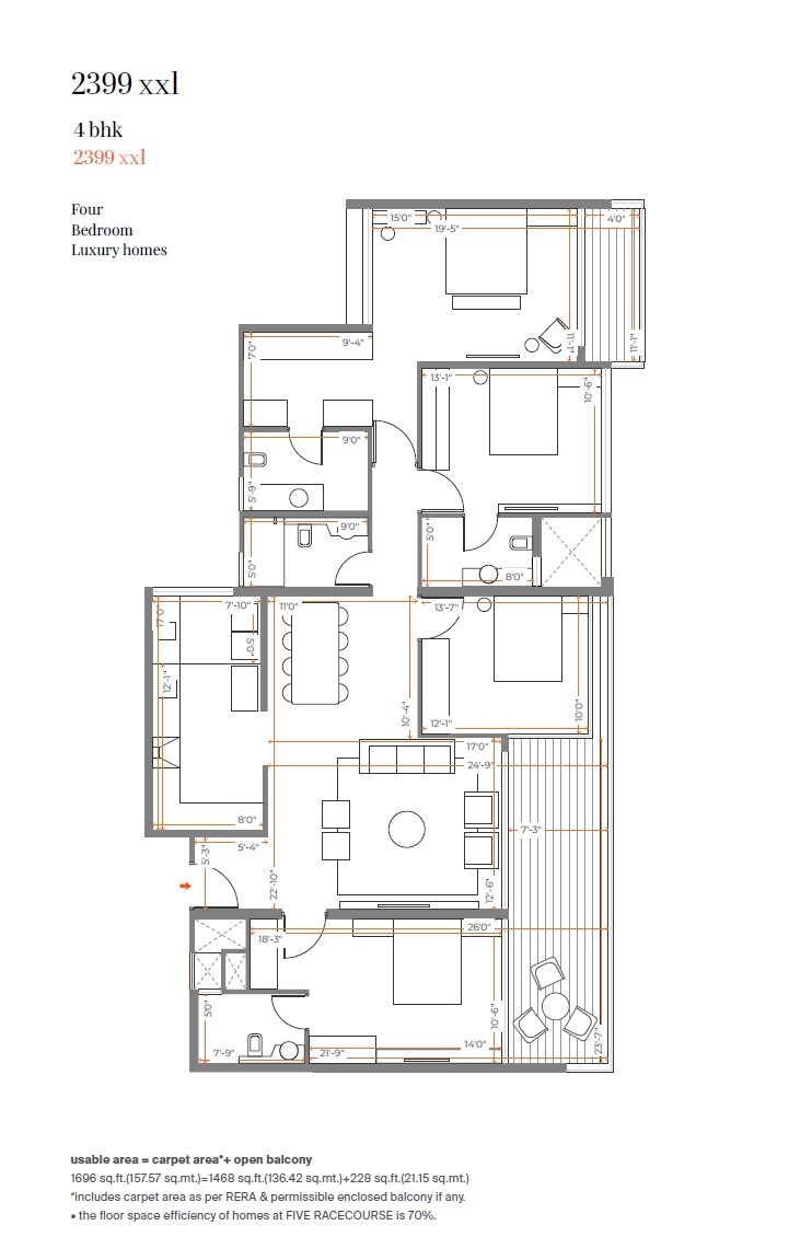 Floor plan of 4 BHK 1696 Sq. Ft. Apartment in Skyi 5 Racecourse, Pune