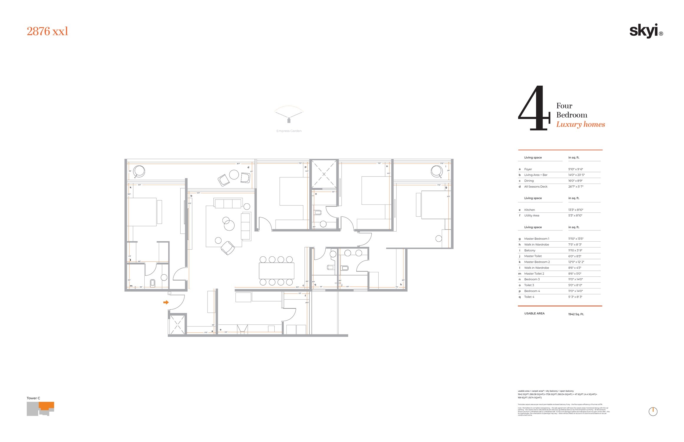 Floor plan of 4 BHK 1942 Sq. Ft. Apartment in Skyi 5 Racecourse, Pune