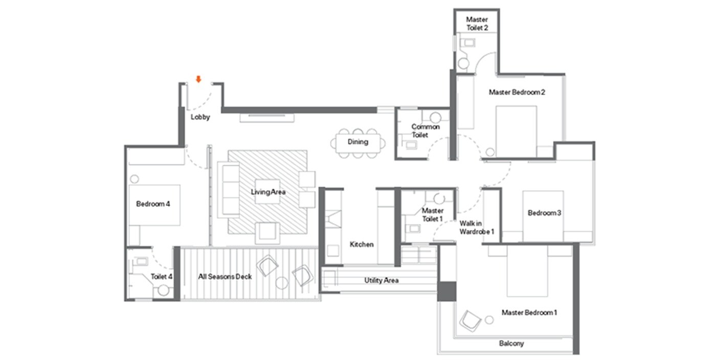 Floor plan of 4 BHK 1096 Sq. Ft. Apartment in Skyi Hill Side, Pune