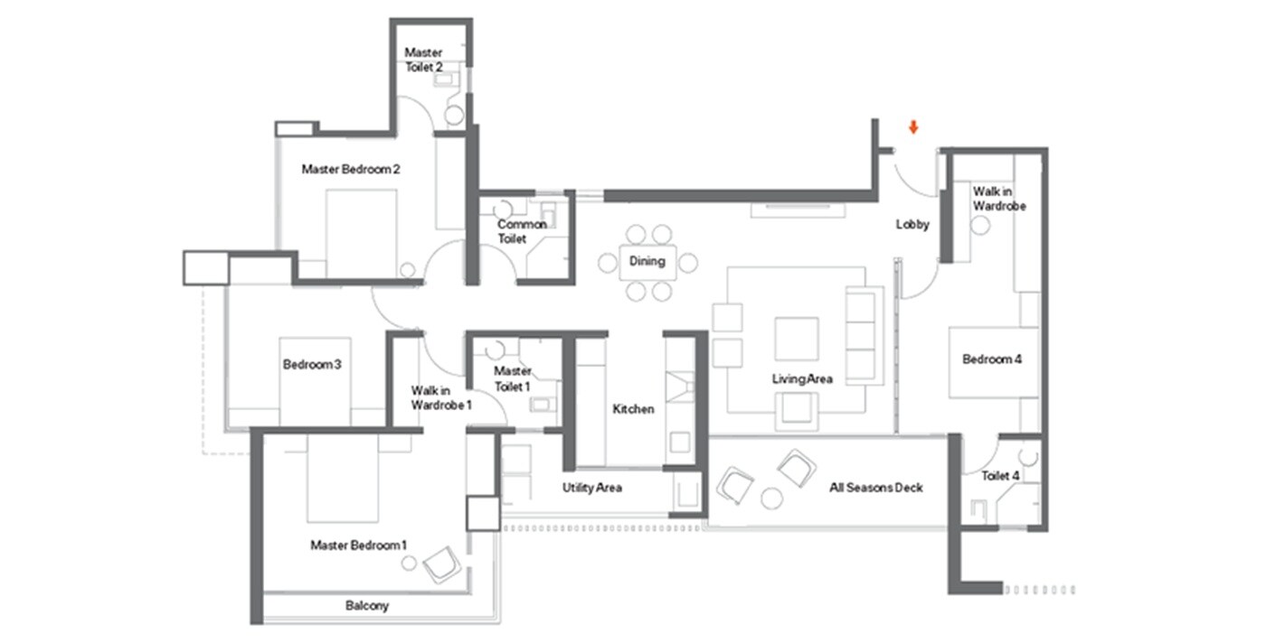 Floor plan of 4 BHK 1263 Sq. Ft. Apartment in Skyi Hill Side, Pune