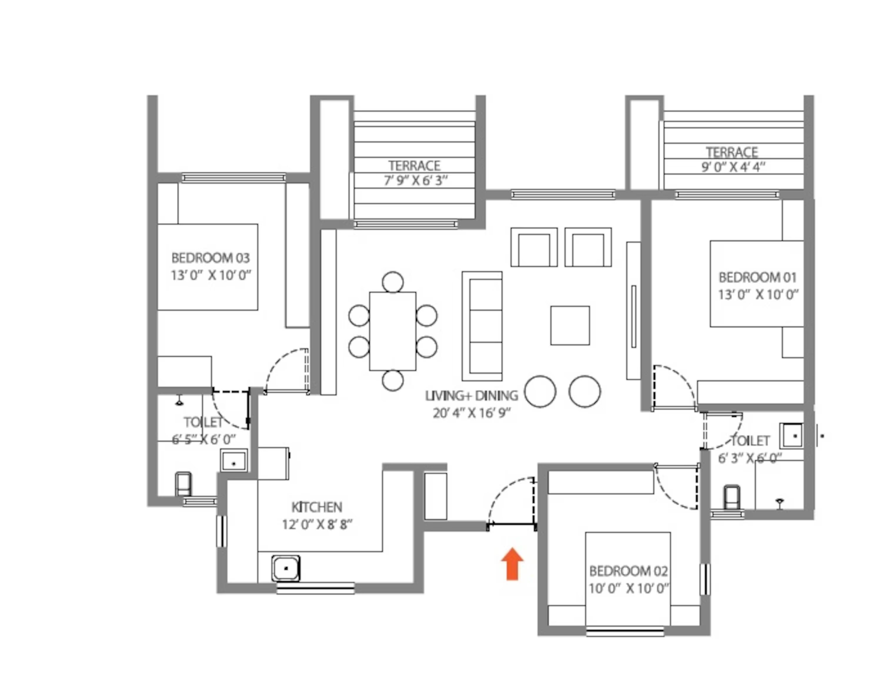 Floor plan of 3 BHK 999 Sq. Ft. Apartment in Skyi Manas Lake, Pune