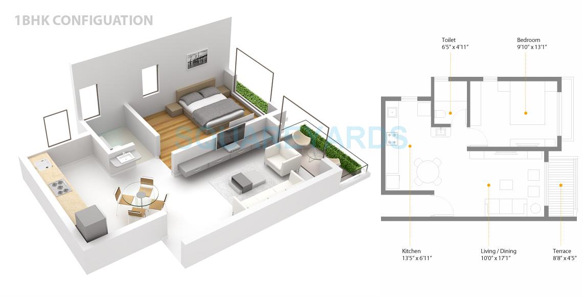 Floor plan of 1 BHK 335 Sq. Ft. Apartment in Skyi Songbirds, Pune