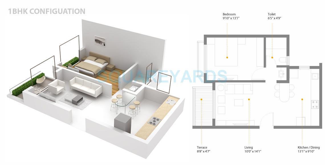 Floor plan of 1 BHK 348 Sq. Ft. Apartment in Skyi Songbirds, Pune