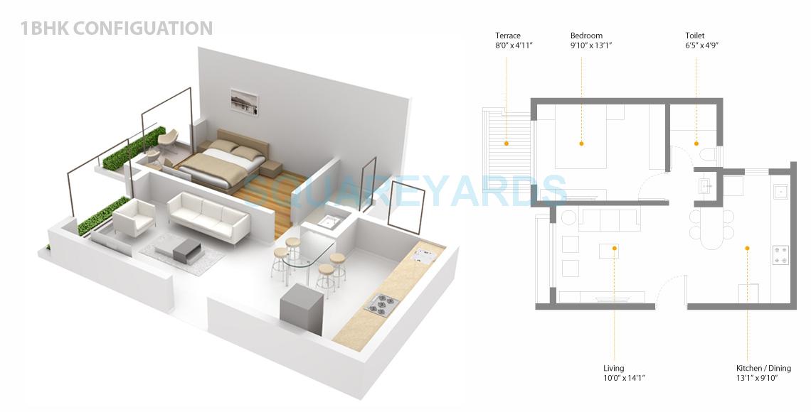 Floor plan of 1 BHK 365 Sq. Ft. Apartment in Skyi Songbirds, Pune