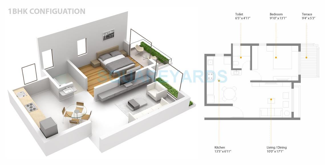 Floor plan of 1 BHK 386 Sq. Ft. Apartment in Skyi Songbirds, Pune