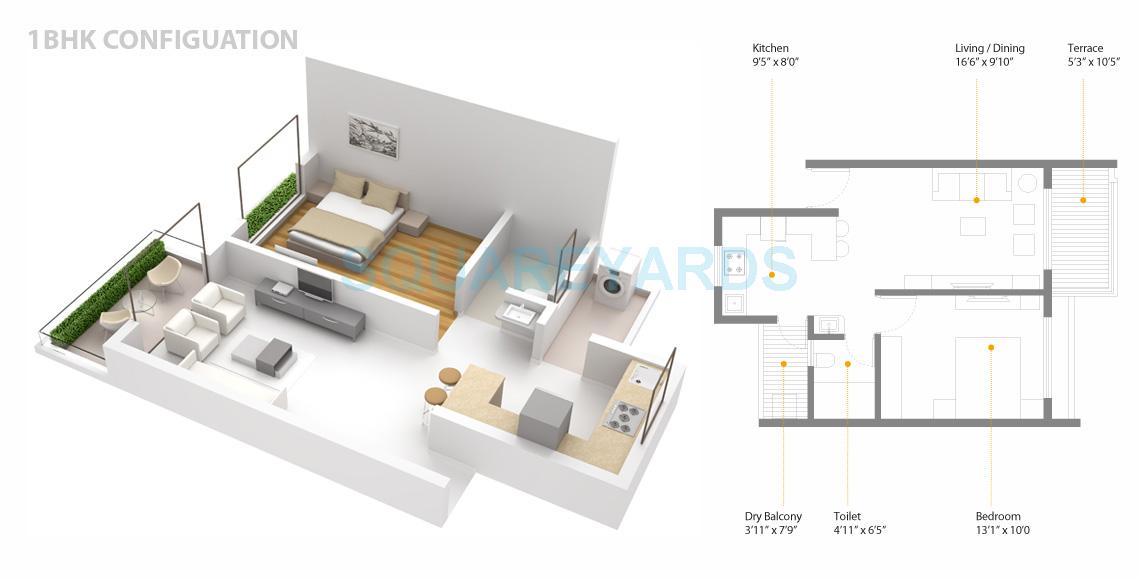 Floor plan of 1 BHK 394 Sq. Ft. Apartment in Skyi Songbirds, Pune