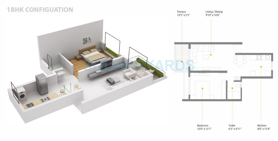 Floor plan of 1 BHK 425 Sq. Ft. Apartment in Skyi Songbirds, Pune