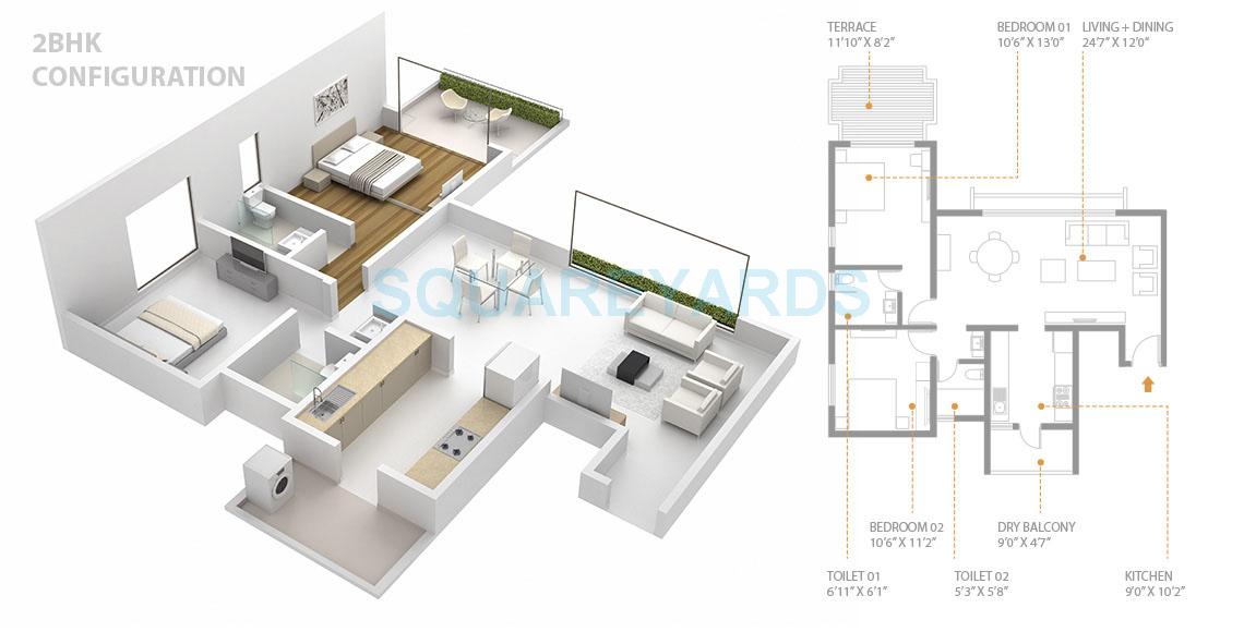 Floor plan of 2 BHK 684 Sq. Ft. Apartment in Skyi Songbirds, Pune