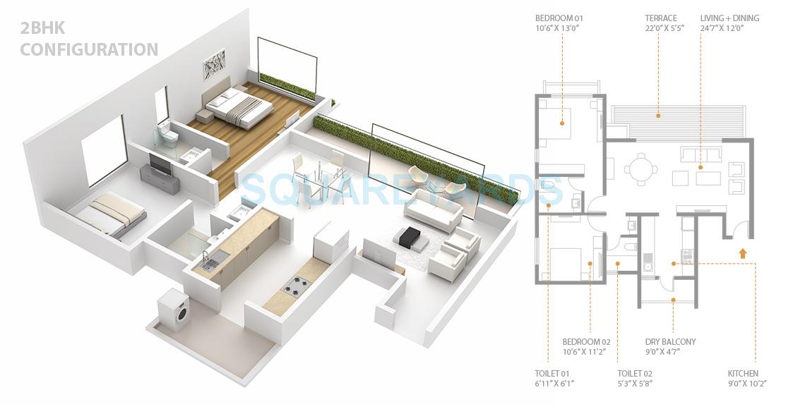 Floor plan of 2 BHK 699 Sq. Ft. Apartment in Skyi Songbirds, Pune