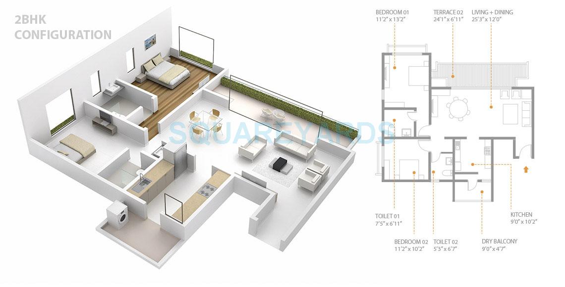 Floor plan of 2 BHK 705 Sq. Ft. Apartment in Skyi Songbirds, Pune