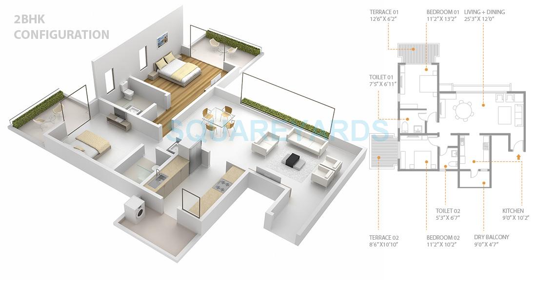 Floor plan of 2 BHK 708 Sq. Ft. Apartment in Skyi Songbirds, Pune