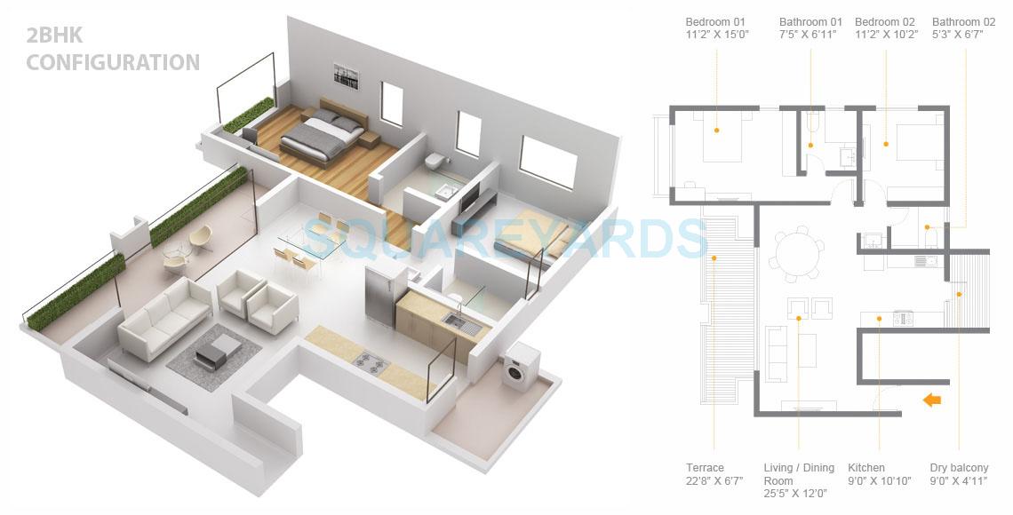 Floor plan of 2 BHK 714 Sq. Ft. Apartment in Skyi Songbirds, Pune