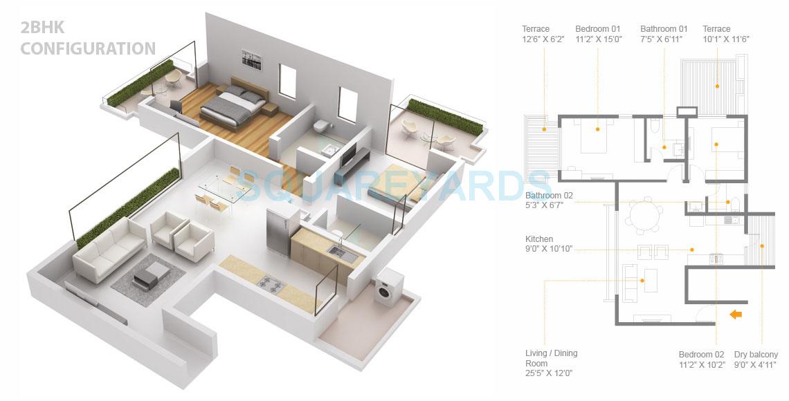 Floor plan of 2 BHK 717 Sq. Ft. Apartment in Skyi Songbirds, Pune