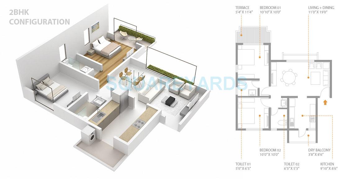 Floor plan of 2 BHK 427 Sq. Ft. Apartment in Skyi Songbirds, Pune