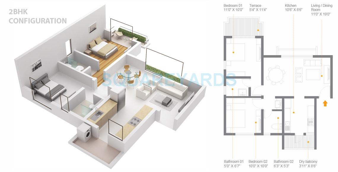 Floor plan of 2 BHK 564 Sq. Ft. Apartment in Skyi Songbirds, Pune