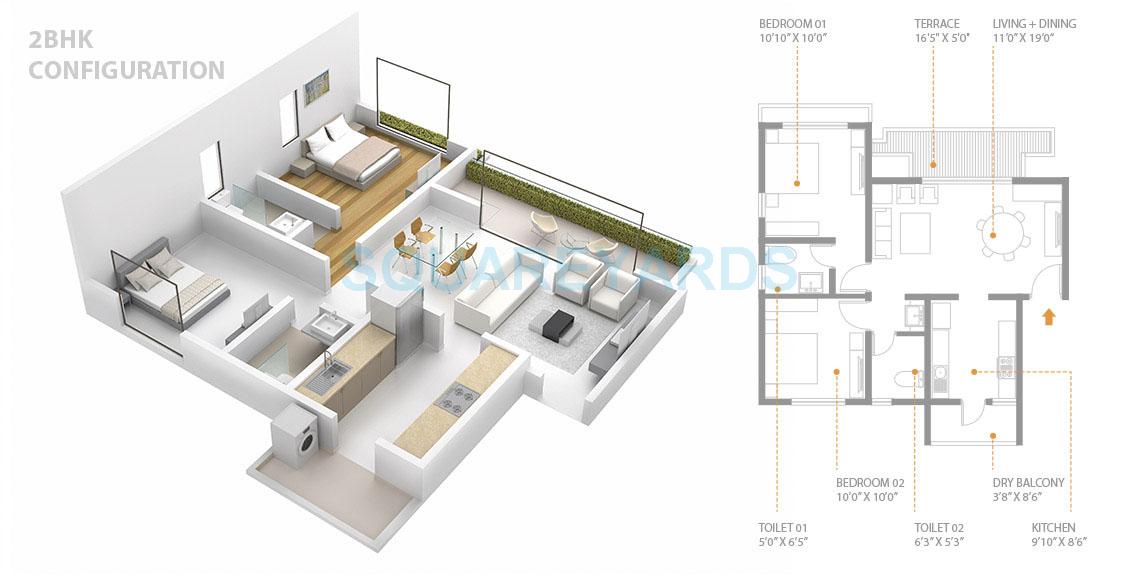 Floor plan of 2 BHK 570 Sq. Ft. Apartment in Skyi Songbirds, Pune