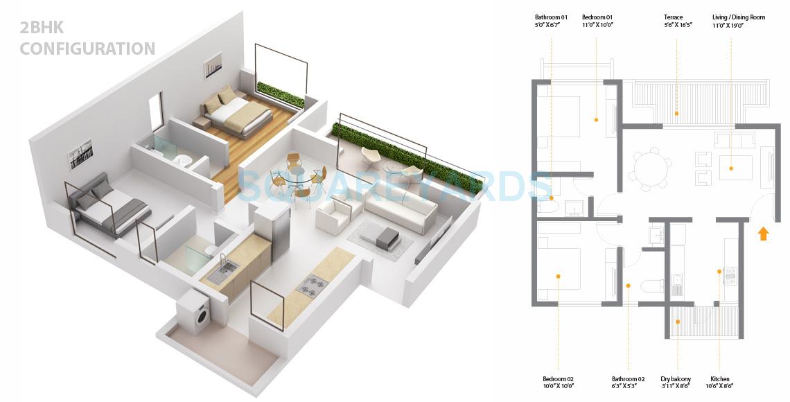 Floor plan of 2 BHK 604 Sq. Ft. Apartment in Skyi Songbirds, Pune