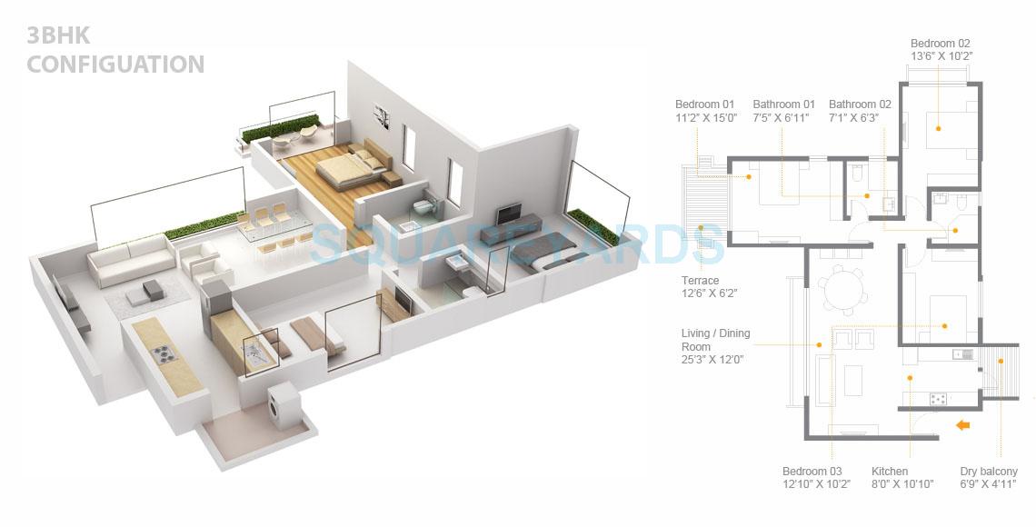 Floor plan of 3 BHK 721 Sq. Ft. Apartment in Skyi Songbirds, Pune