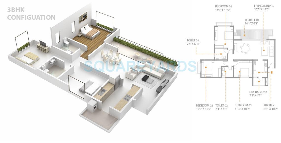Floor plan of 3 BHK 885 Sq. Ft. Apartment in Skyi Songbirds, Pune
