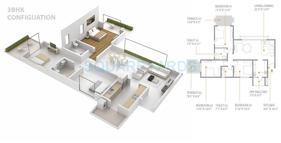 Floor plan of 3 BHK 957 Sq. Ft. Apartment in Skyi Songbirds, Pune