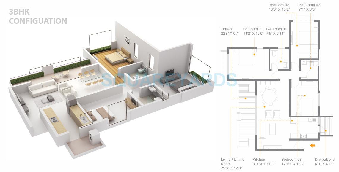 Floor plan of 3 BHK 1027 Sq. Ft. Apartment in Skyi Songbirds, Pune