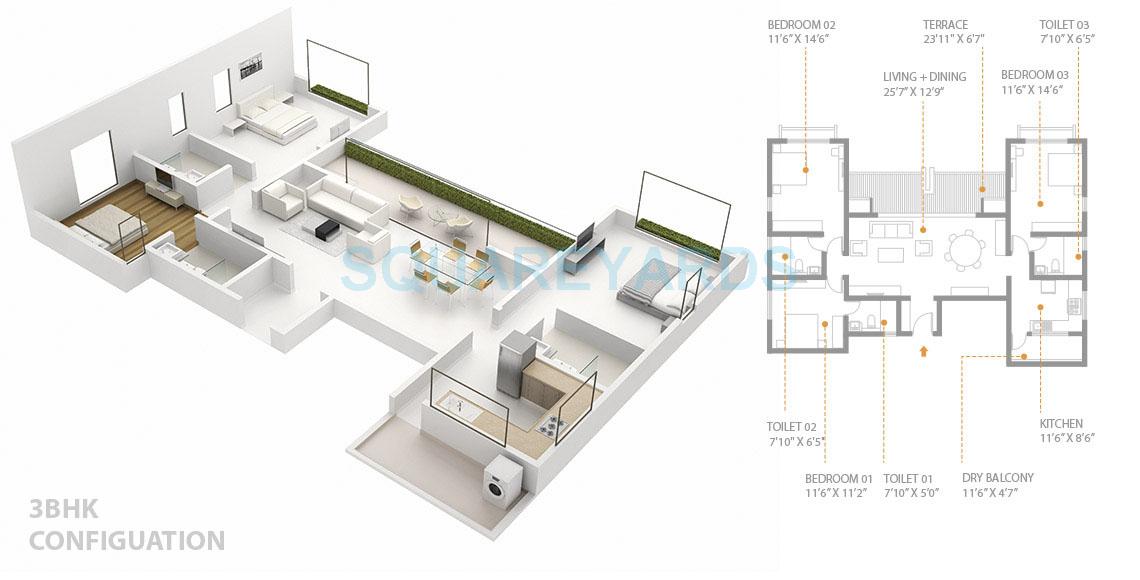 Floor plan of 3 BHK 1038 Sq. Ft. Apartment in Skyi Songbirds, Pune