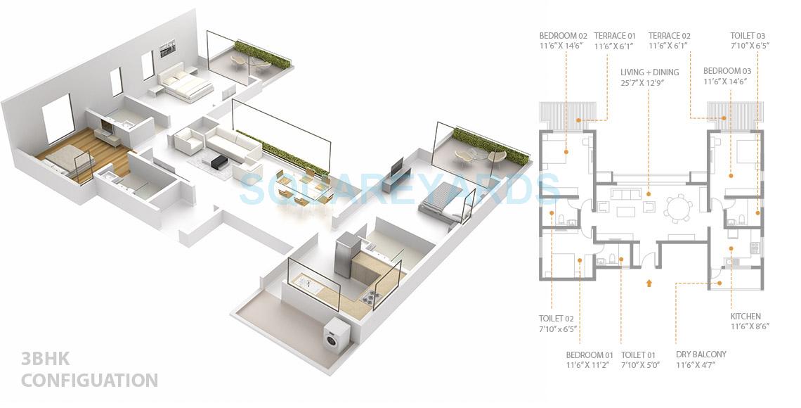 Floor plan of 3 BHK 975 Sq. Ft. Apartment in Skyi Songbirds, Pune
