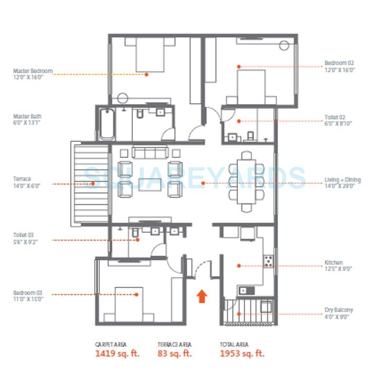 Floor plan of 3 BHK 1071 Sq. Ft. Apartment in Skyi Songbirds, Pune
