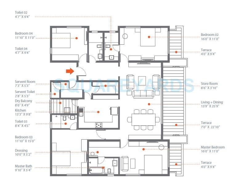 Floor plan of 4 BHK 1106 Sq. Ft. Apartment in Skyi Songbirds, Pune