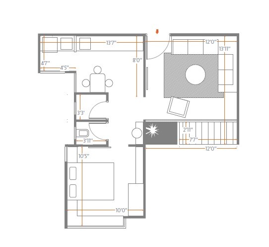 Floor plan of 1 BHK 345 Sq. Ft. Apartment in Skyi Star Town Phase 1, Pune