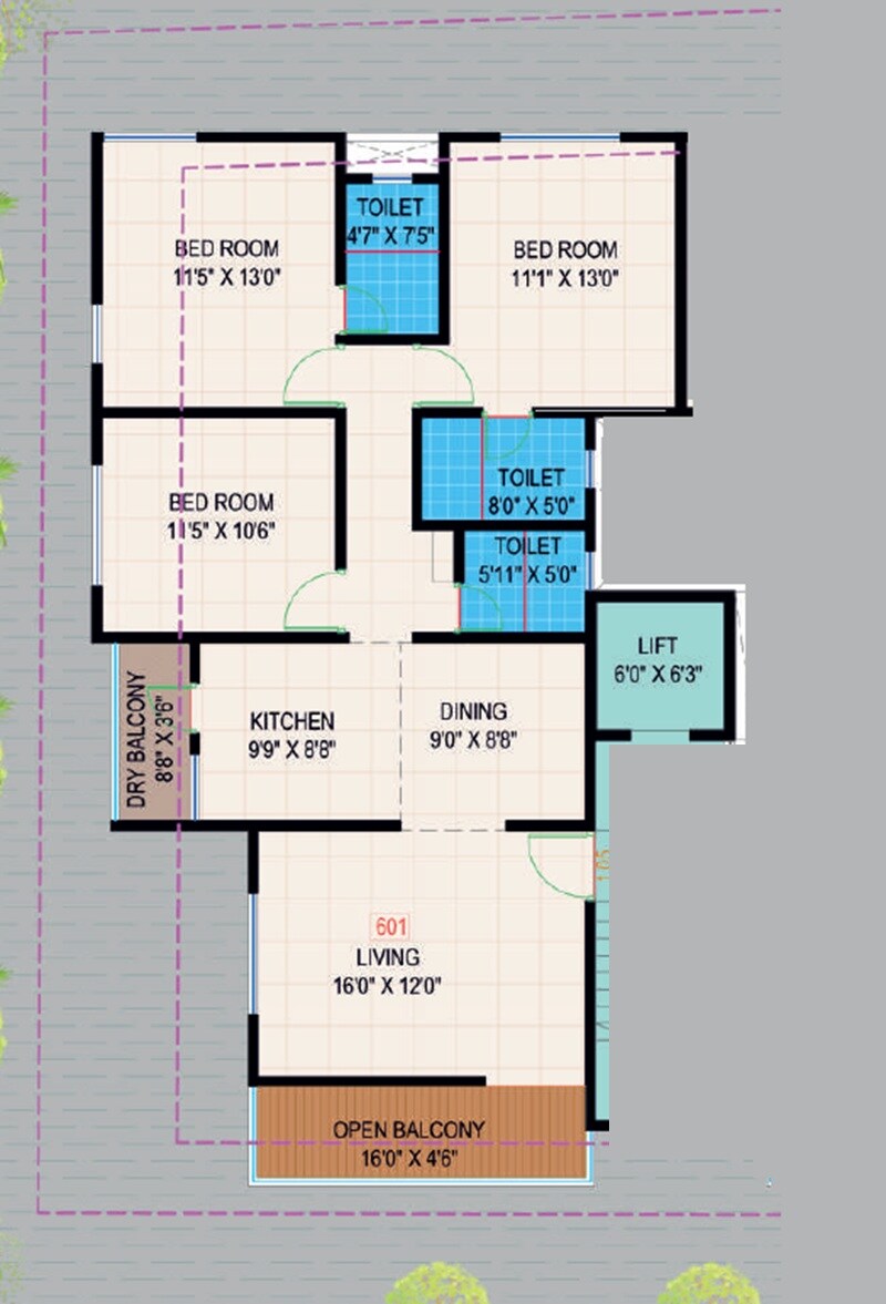 Floor plan of 3 BHK 1090 Sq. Ft. Apartment in Skyline Prathamesh Apartments, Pune