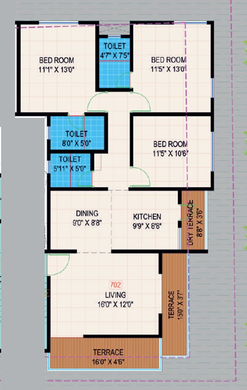 3 BHK 1150 Sq. Ft. Apartment