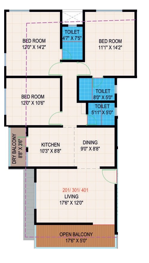 Floor plan of 3 BHK 1171 Sq. Ft. Apartment in Skyline Prathamesh Apartments, Pune